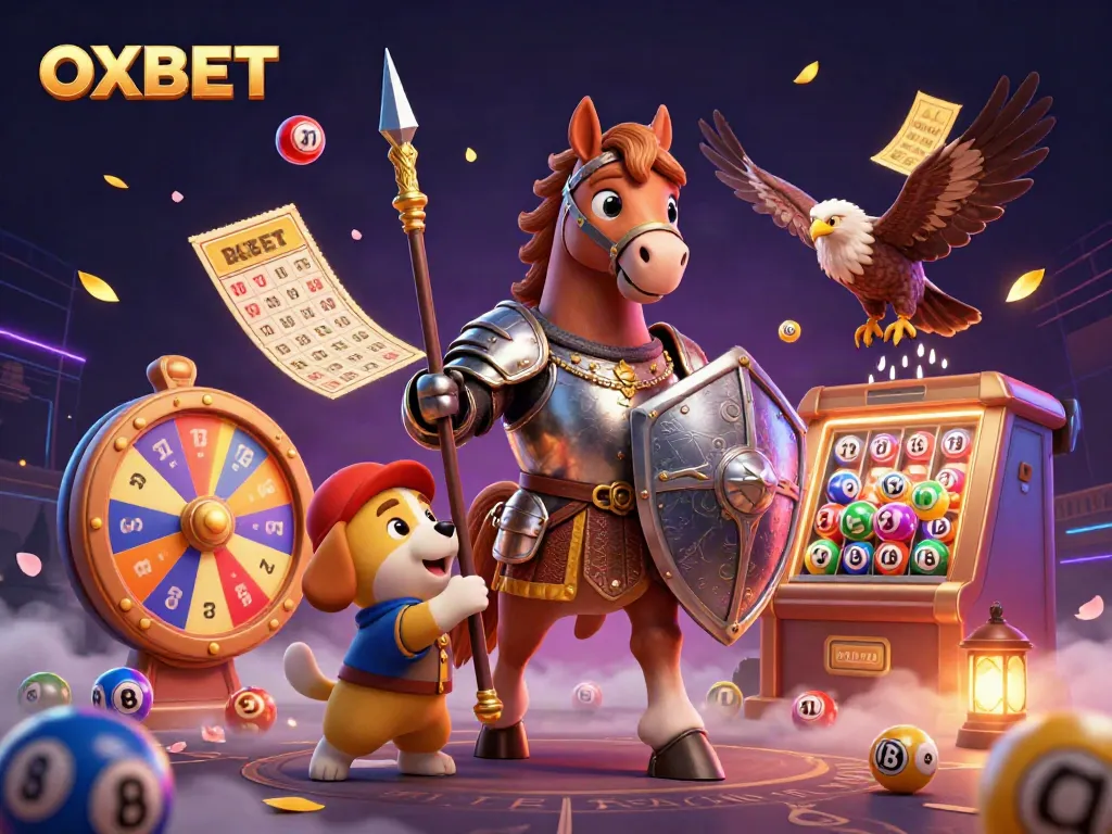 Engage with OXBET's thrilling lottery experience: 3D medieval characters surrounded by vibrant game elements.