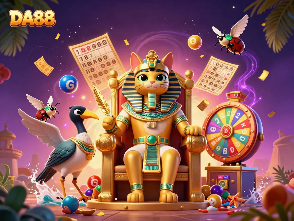 Engage with DA88 and the vibrant world of gambling through a colorful Egyptian-themed casino illustration.