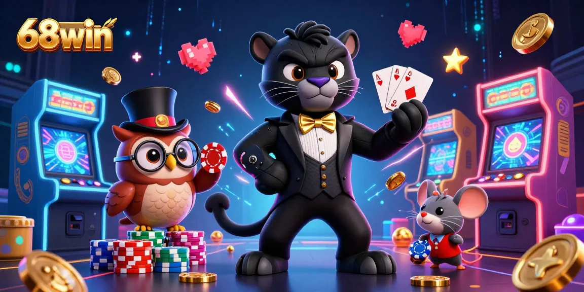 Experience thrilling gaming with 68win's captivating 3D illustration featuring lively casino characters and vibrant gaming elements.