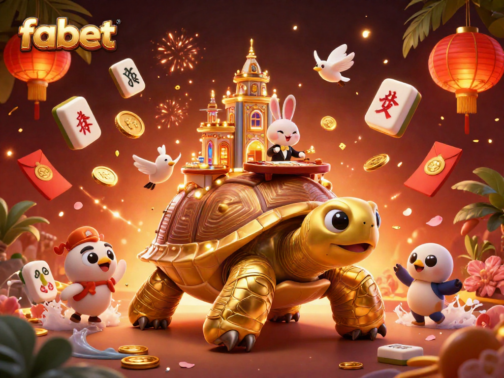 Experience excitement with fabet in a vibrant casino scene, showcasing a golden tortoise and rabbit dealer.