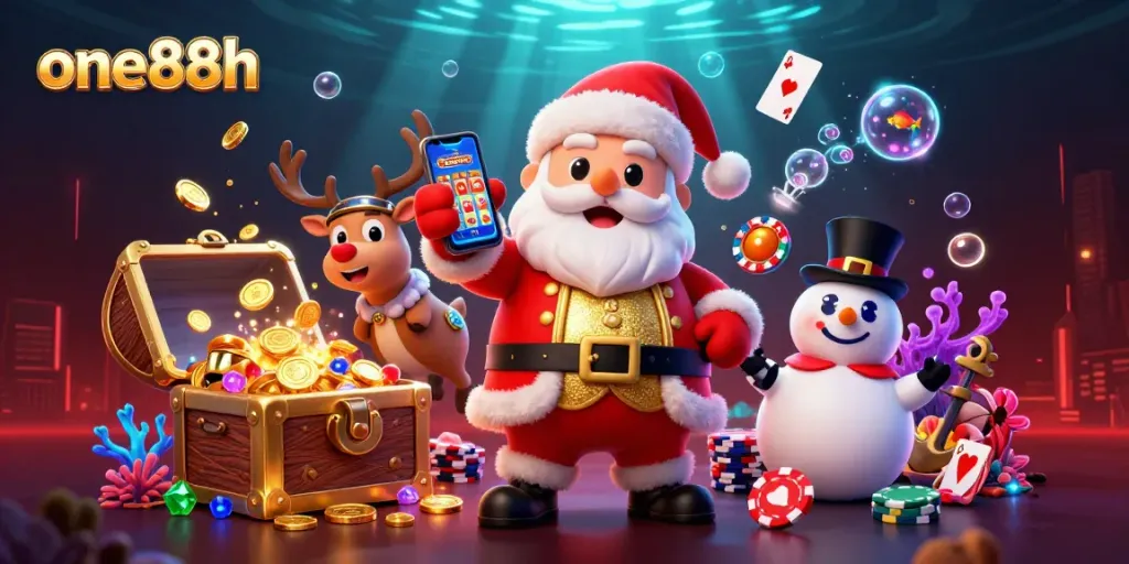 Experience thrilling jackpot slots with one88h in this festive casino scene featuring fun characters.