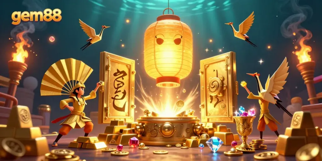 Experience thrilling moments at gem88 with a vibrant casino night market scene bursting with treasures.