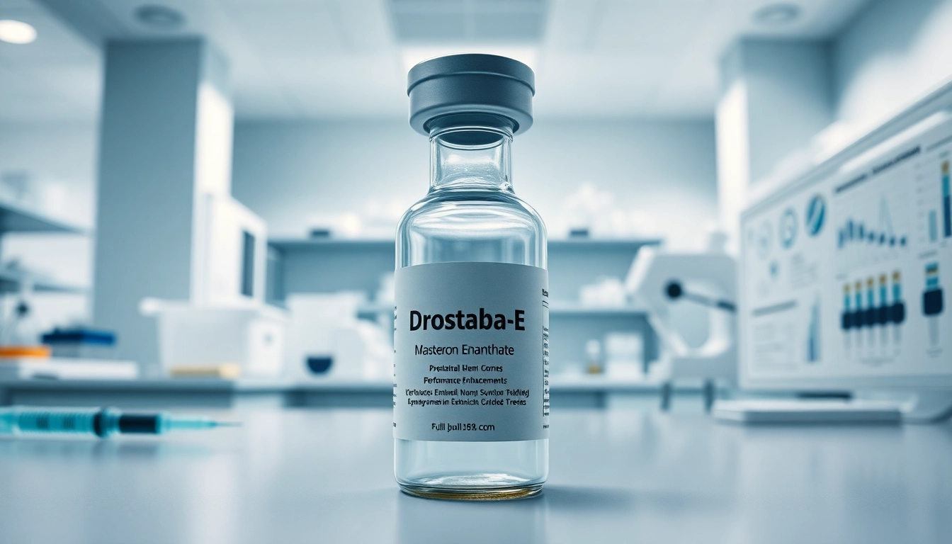 Drostabal-E Masteron Enanthate vial prominently displayed in a clinical laboratory environment.