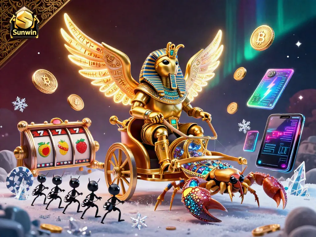 Engage with the vibrant Sunwin casino scene featuring a golden scarab, scorpions, and poker chips.