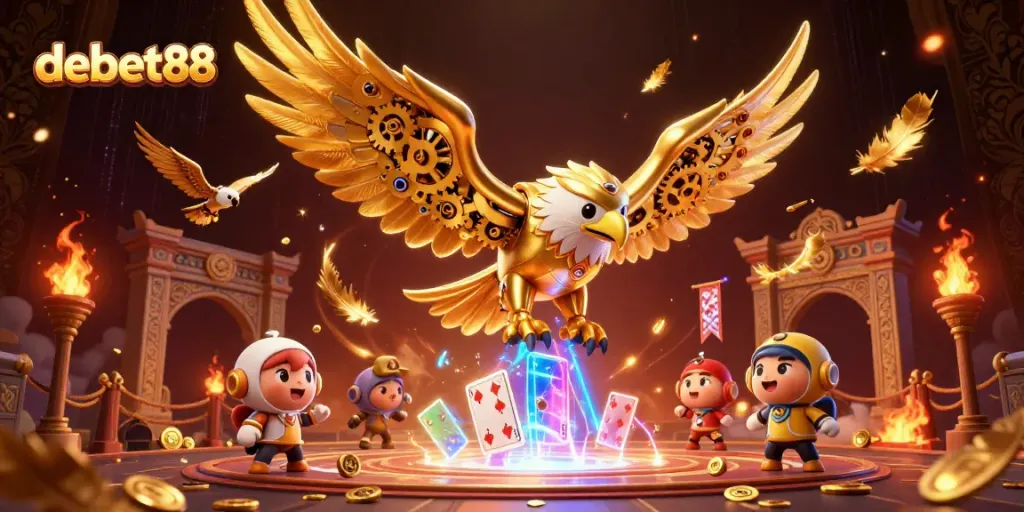 Experience thrilling bets with debet88 featuring a cybernetic golden eagle amidst betting tokens.
