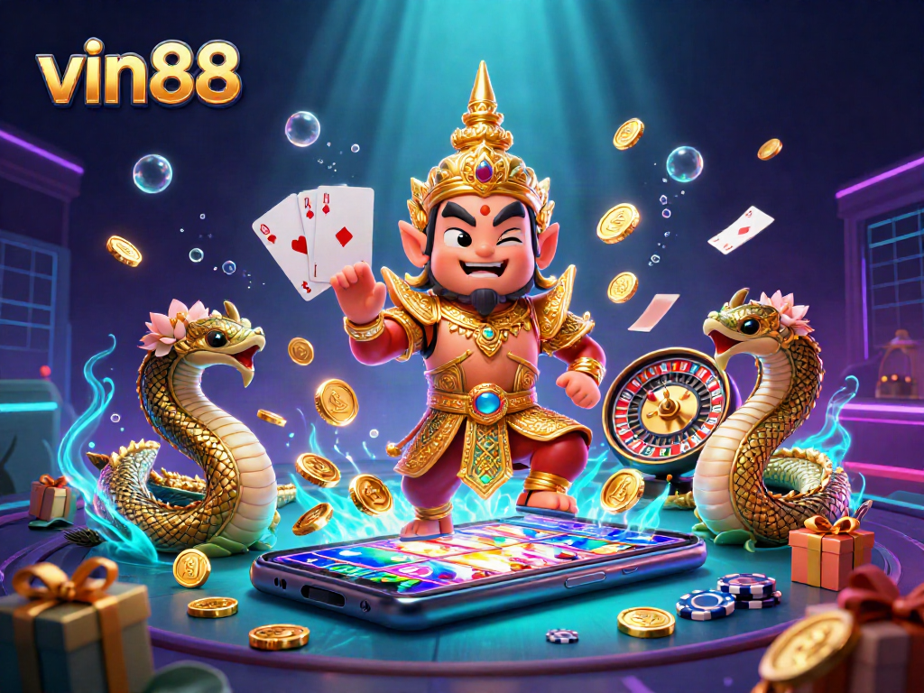 vin88 engaging players with a vibrant 3D casino scene featuring a yaksha guardian and colorful slot game