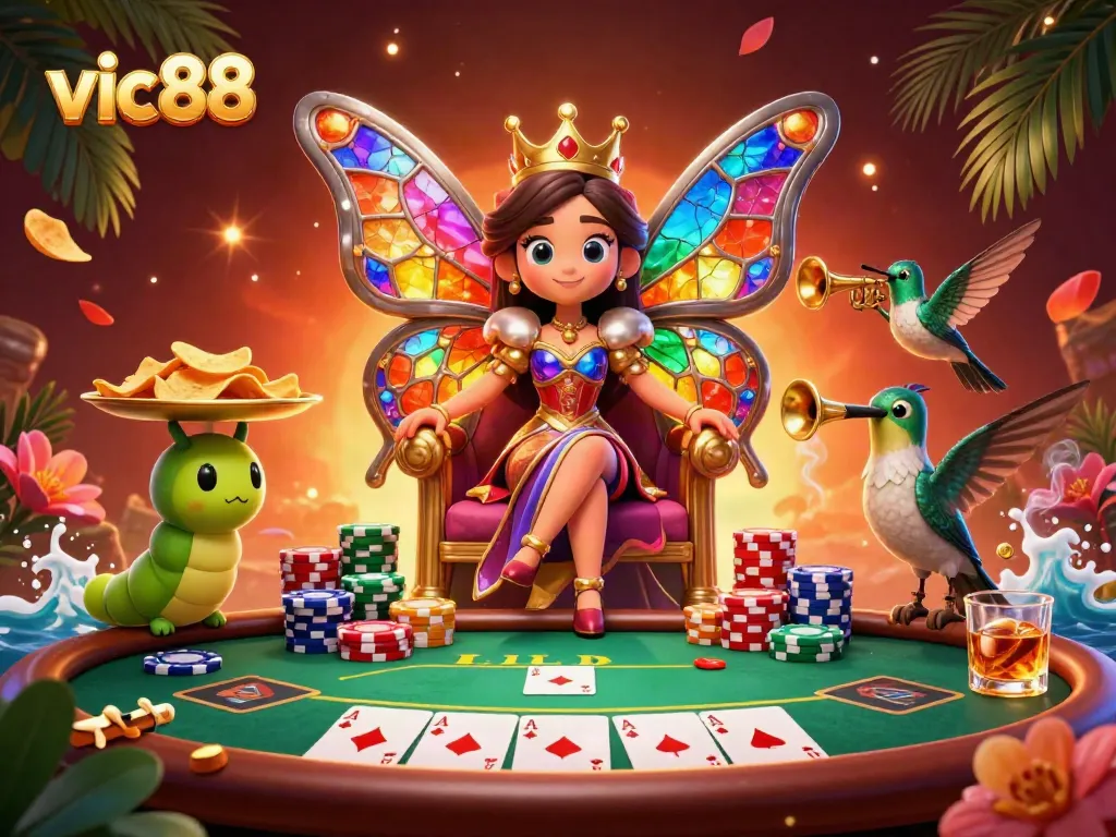 Experience the dynamic world of vic88 with a colorful 3D casino scene featuring vibrant poker elements.