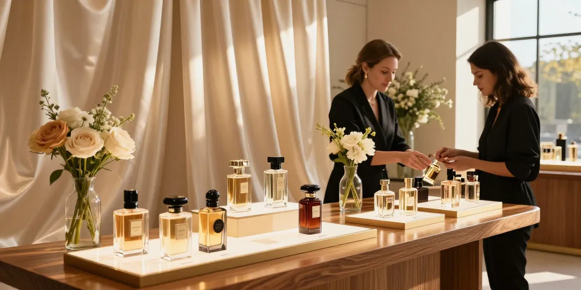 Presentatie van gissah parfum in een luxe winkel met prachtige flessen en zachte verlichting.