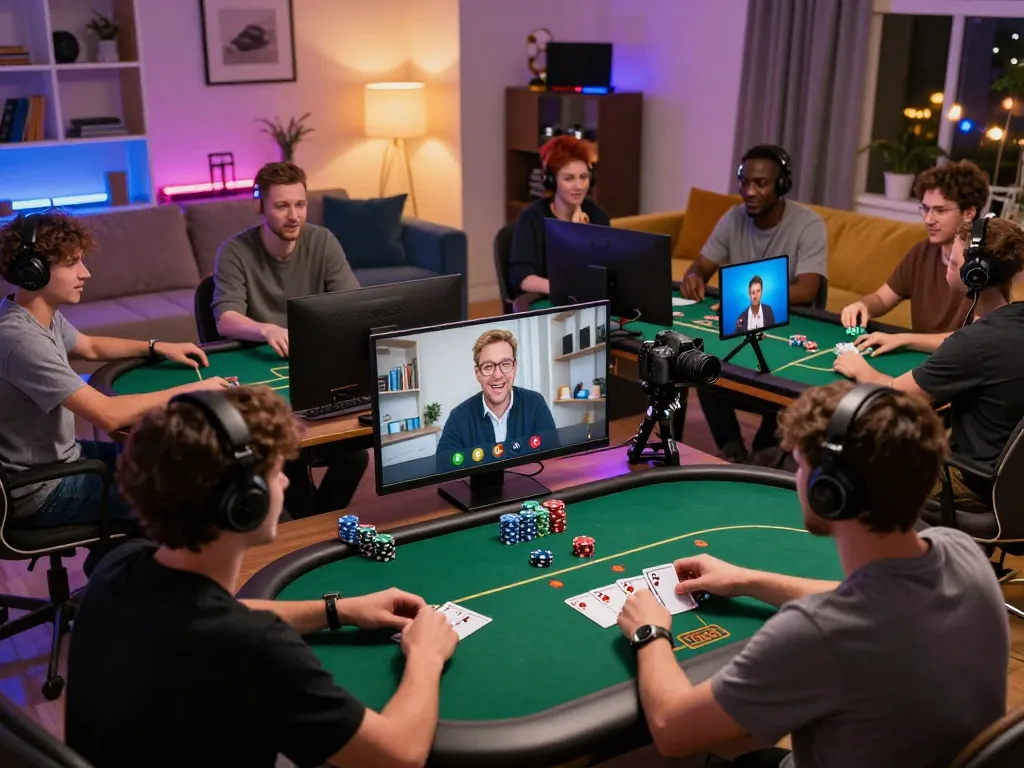 Sky88 players engaging in an exciting online poker game, showcasing strategy and interaction in a modern gaming setup