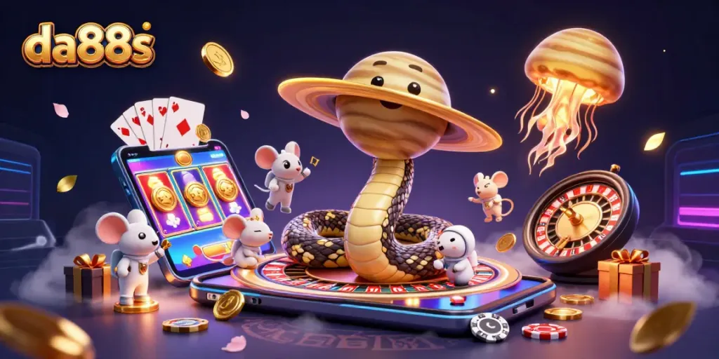 Engage with da88s in a vibrant 3D casino scene featuring cosmic snakes and betting mice.