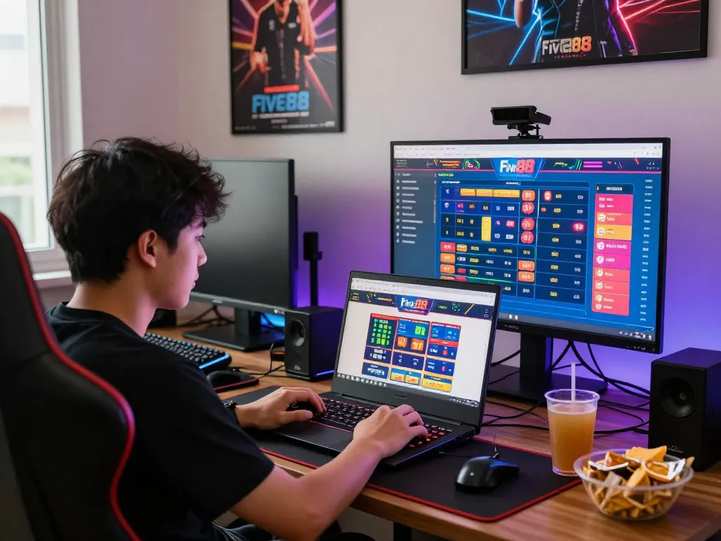 Player engaging with Link truy cập Five88 on a laptop in a vibrant home betting setup.