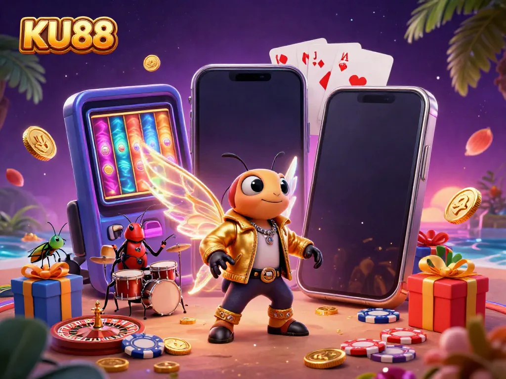 Experience the excitement of KU88, a lively gambling scene with a rock star cicada, drums, and spinning slots.