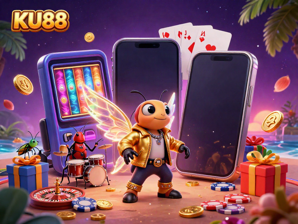 Experience the excitement of KU88, a lively gambling scene with a rock star cicada, drums, and spinning slots.