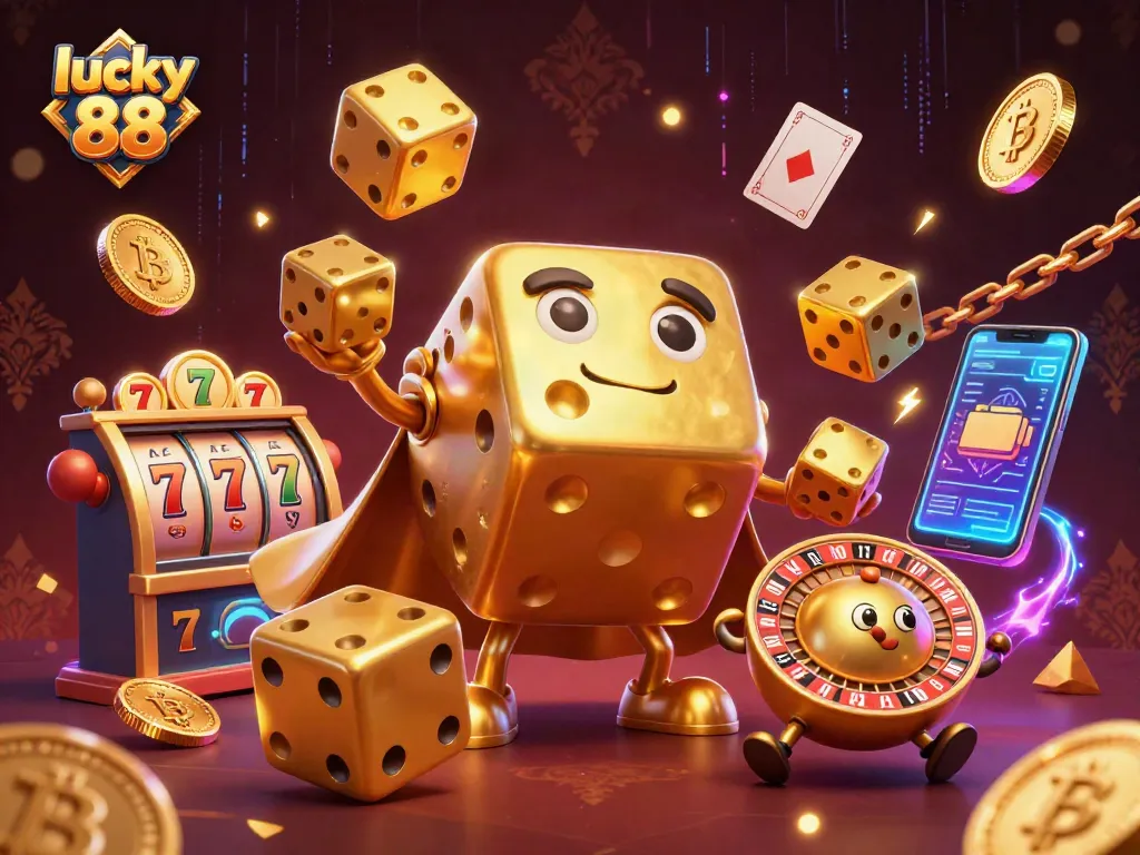 Engage with lucky 88 in this dynamic casino illustration showcasing dice, Bitcoin coins, and slot elements.