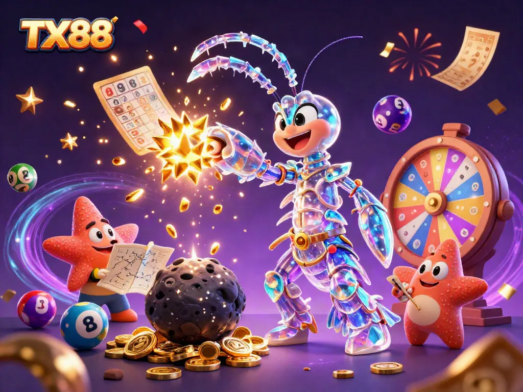 TX88 showcases a galactic samurai mantis shrimp bursting through an asteroid with coins and colorful lottery elements.