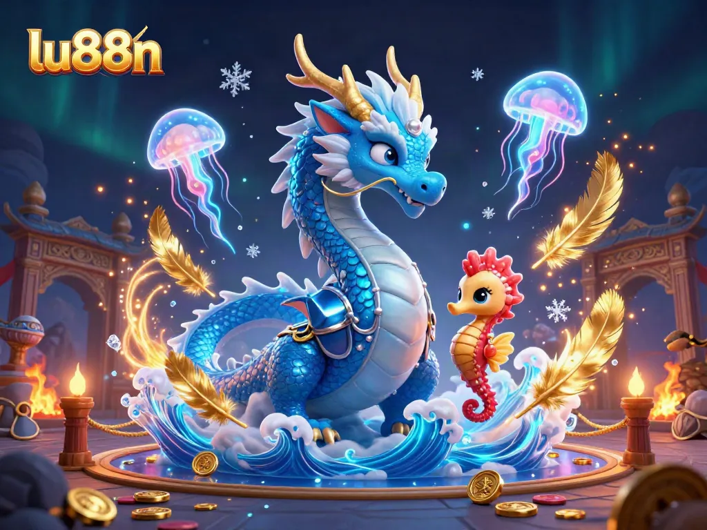 Experience the magic of lu88n with a 3D rendering of a dragon, knight, and jellyfish in a vibrant scene.