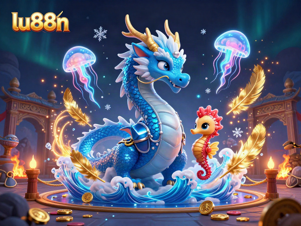 Experience the magic of lu88n with a 3D rendering of a dragon, knight, and jellyfish in a vibrant scene.
