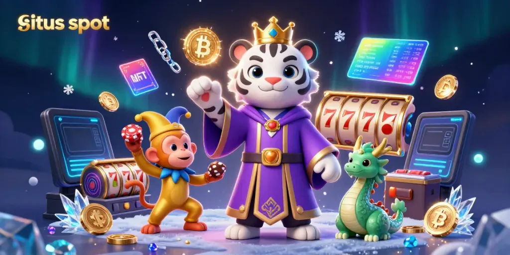 Engage in situs slot thrills with a 3D illustration of a regal white tiger and playful monkey, surrounded by jackpot elements.
