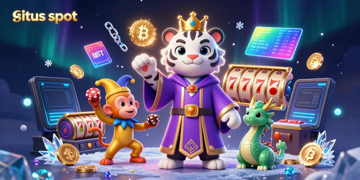 Engage in situs slot thrills with a 3D illustration of a regal white tiger and playful monkey, surrounded by jackpot elements.