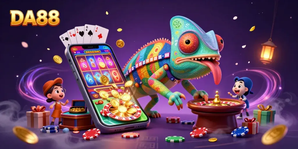 Bet on DA88 with thrilling games featuring a chameleon mascot surrounded by golden coins and poker elements.