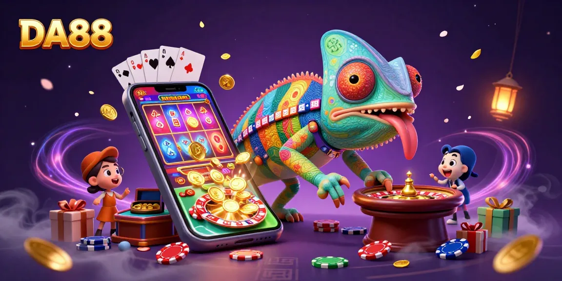 Bet on DA88 with thrilling games featuring a chameleon mascot surrounded by golden coins and poker elements.