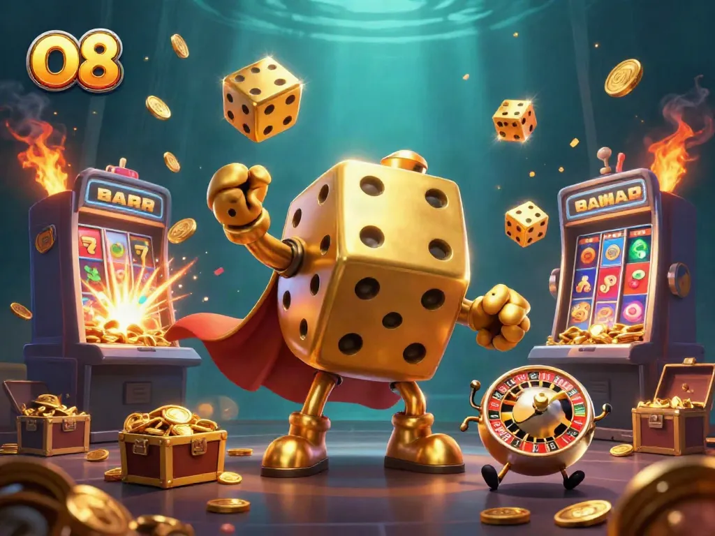 Experience excitement at O8 with a thrilling 3D casino scene featuring golden dice, jackpot explosions, and playful elements.