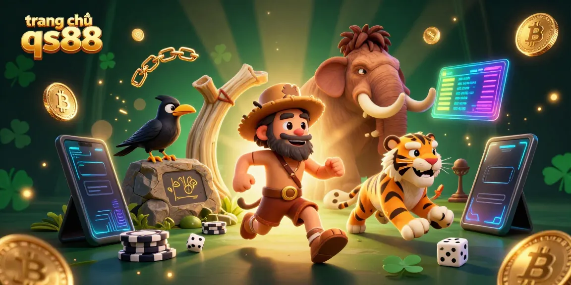 Experience the excitement at trang chủ qs88 with a lively 3D casino scene featuring cavemen and their neon crypto treasures.