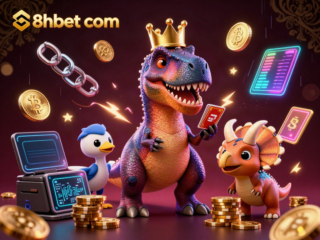 Engage with thrilling 8xbet com gameplay featuring a T-Rex shuffling cards and a pterodactyl assistant