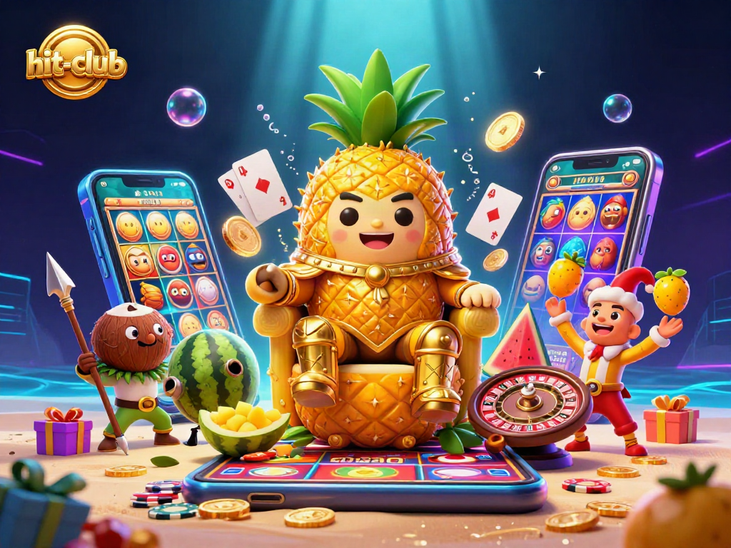Explore the thrilling hit-club gaming universe with a vibrant 3D casino illustration complete with slots and live dealer elements.