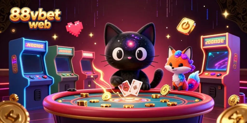 Experience the exciting world of 88vbet web with this vibrant 3D casino illustration featuring charming characters and gaming elements.
