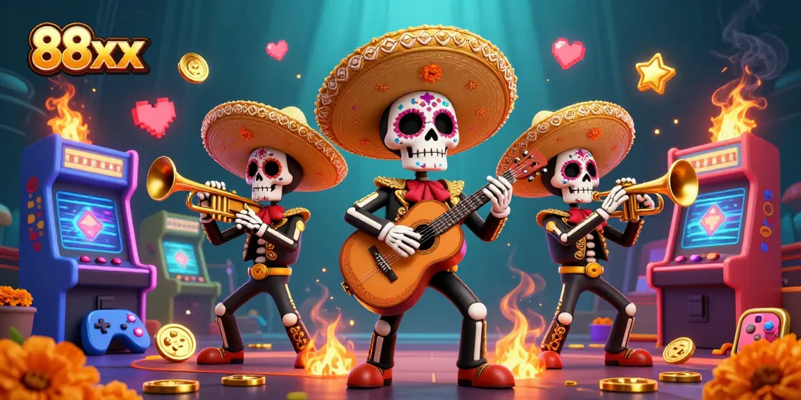 Engage in vibrant 88xx gaming with stunning 3D illustration of mariachi band and casino elements.