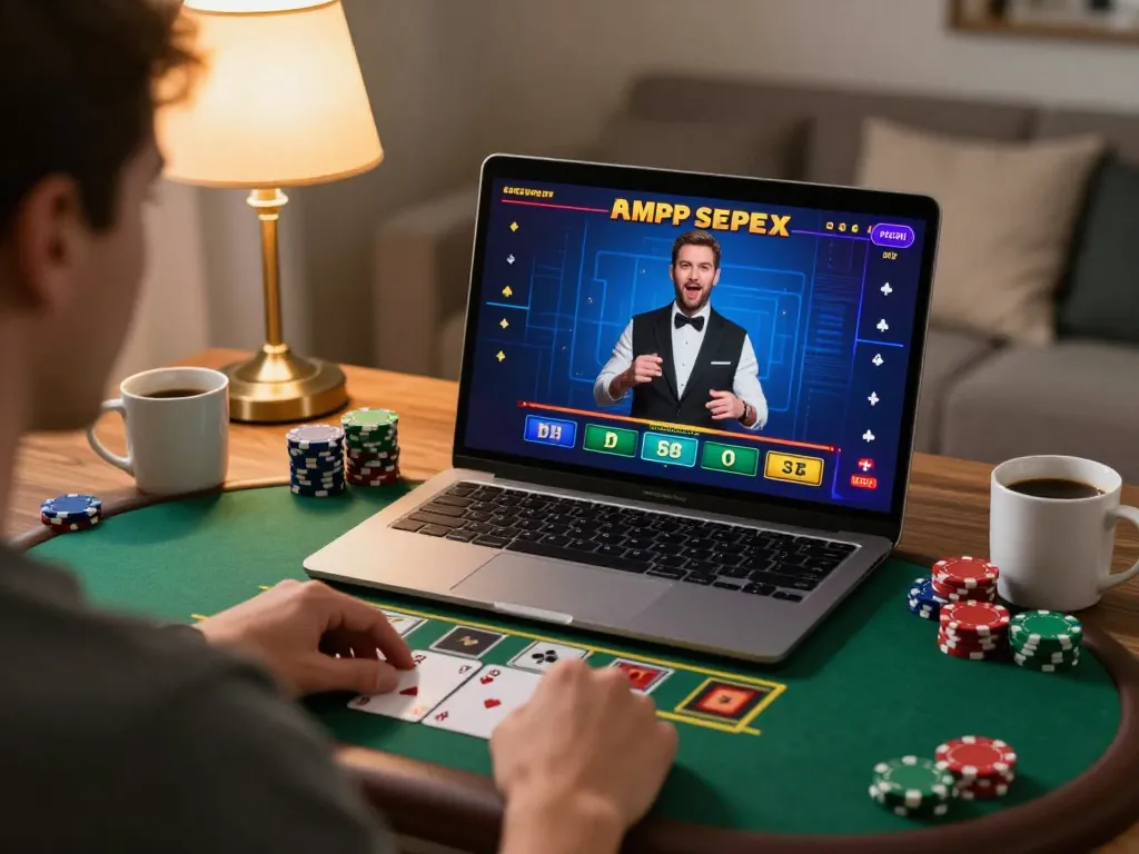 Engaging in live blackjack gameplay on 555win platform from a cozy home setup.