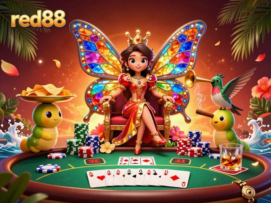 Engage in vibrant red88 casino fun with butterfly queen, poker elements, and colorful chips.