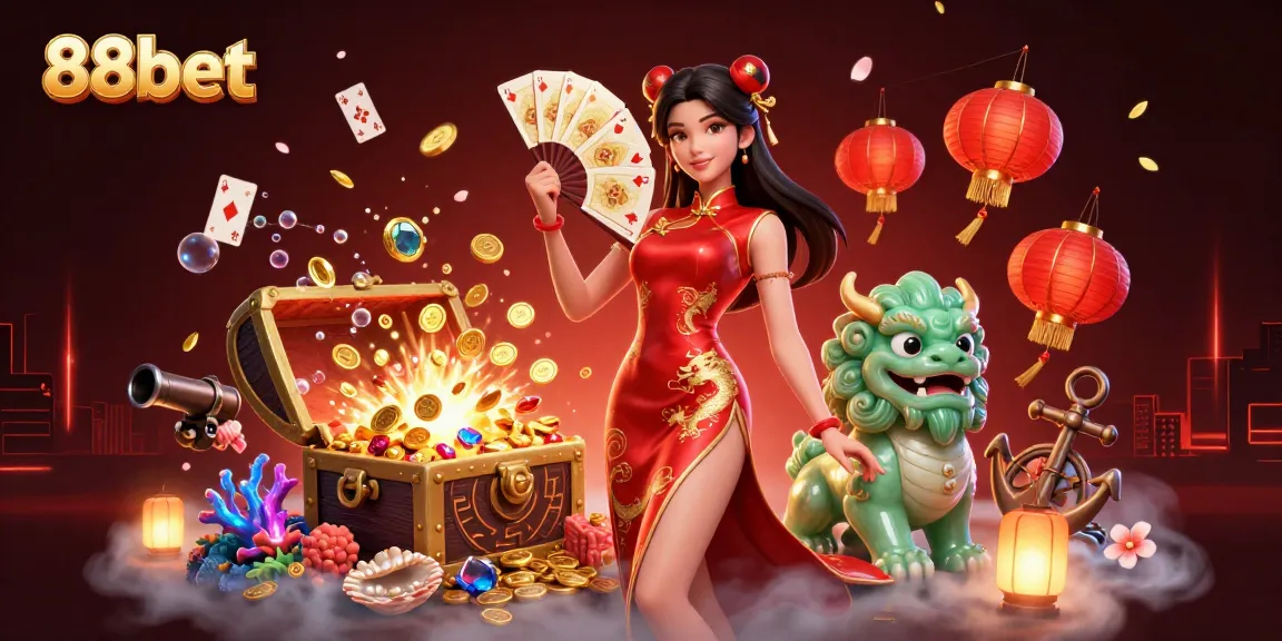 Engage with the exciting world of 88bet, featuring a captivating 3D illustration of a woman in crimson qipao and a jade lion guardian.
