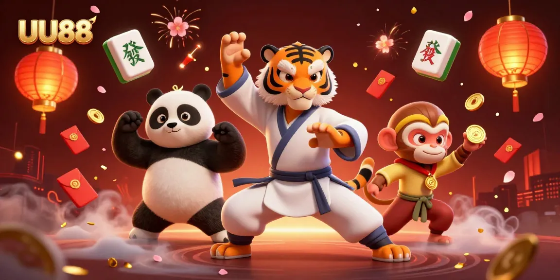 UU88 captures the fun of gambling with a lively scene featuring a kung fu tiger, panda disciple, and monkey stealing a medal amidst gaming elements.