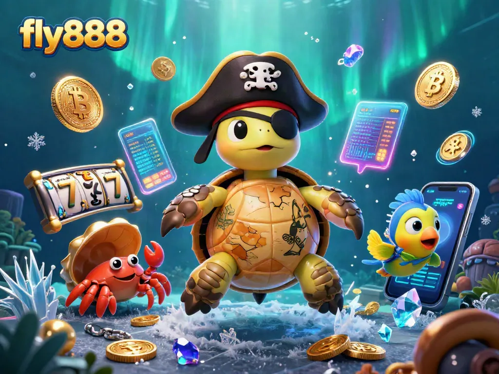 Engage with fly888’s exciting slot adventures featuring a pirate turtle legend amidst vibrant underwater treasures.