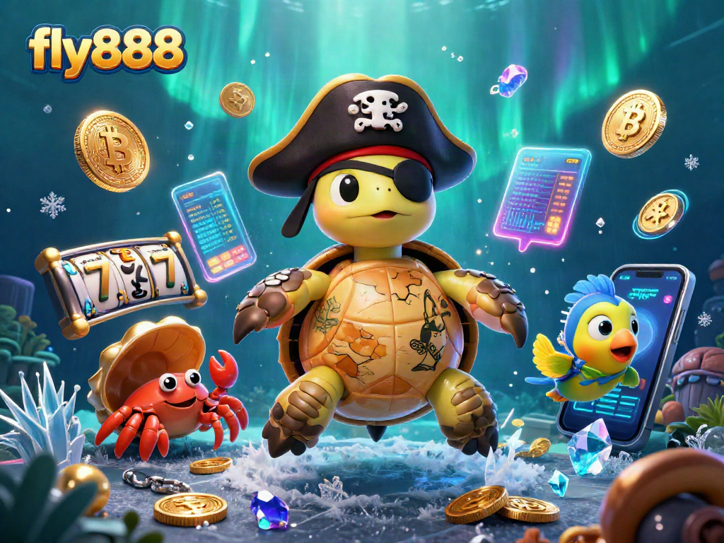 Engage with fly888’s exciting slot adventures featuring a pirate turtle legend amidst vibrant underwater treasures.