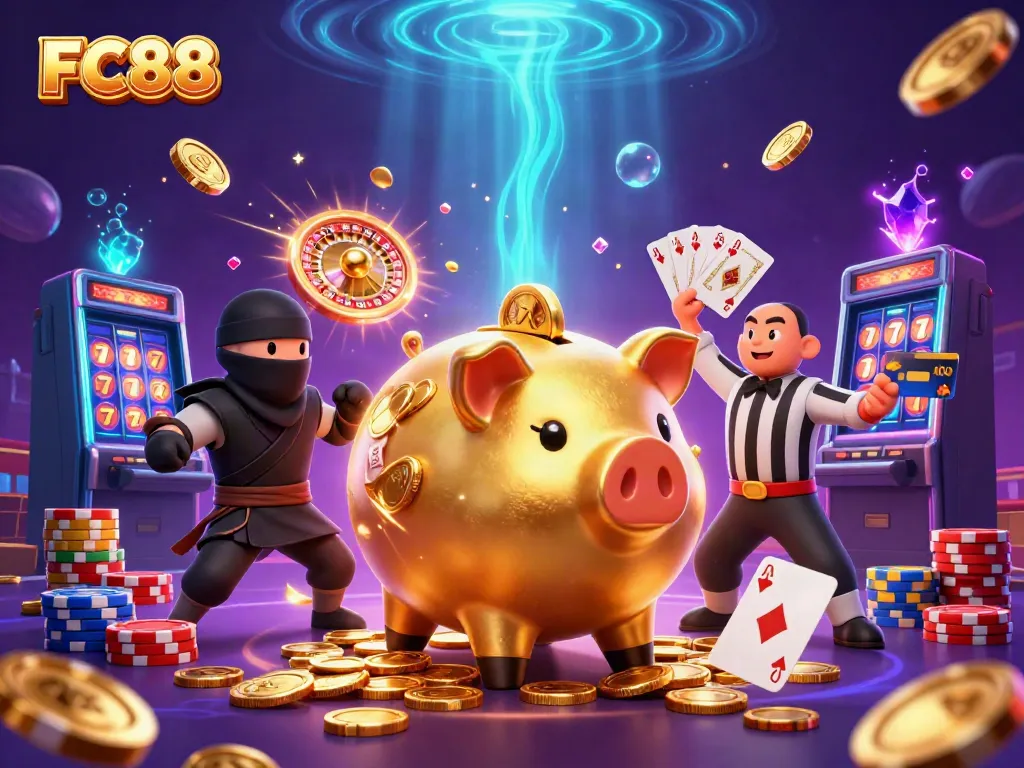 FC88 features a dynamic scene with a golden piggy bank sumo wrestler, showcasing casino excitement with abundant gold coins and game elements.
