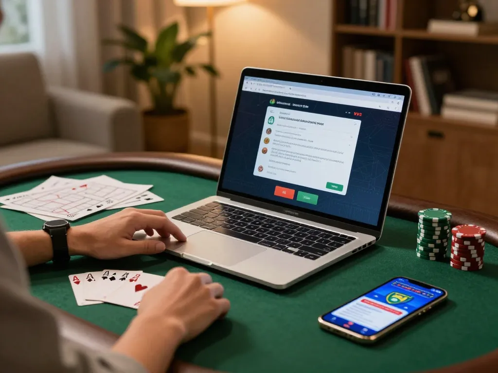Player engaging with KK55 online poker interface at home, showcasing strategic gameplay in a cozy setting.