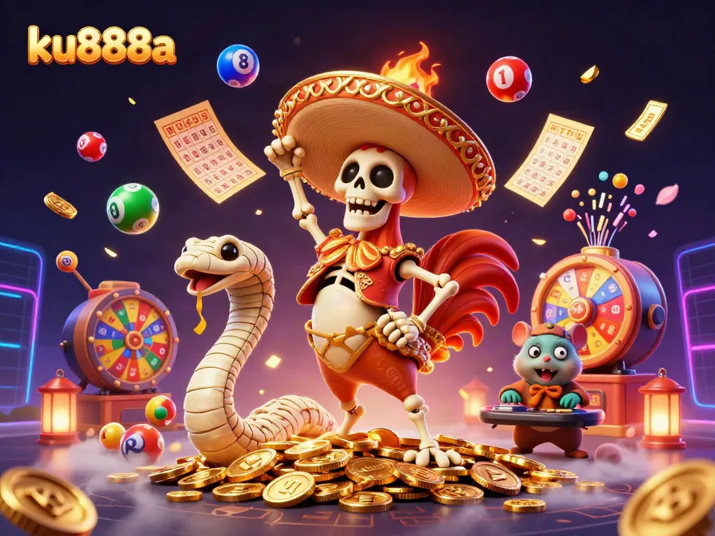 Experience winning strategies at ku888a with vibrant lottery elements and animated characters.