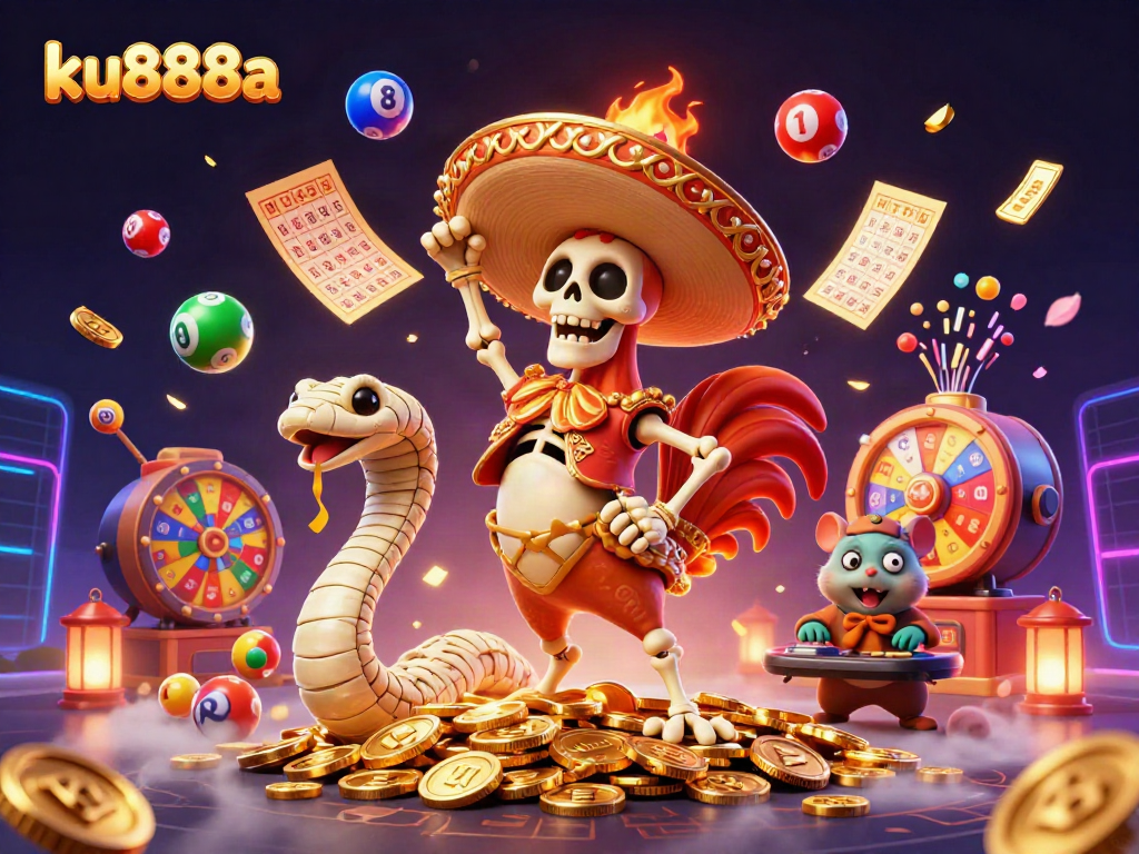 Experience winning strategies at ku888a with vibrant lottery elements and animated characters.