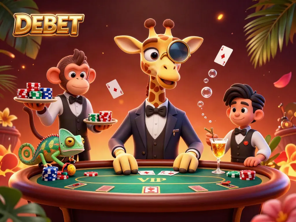 Experience the excitement at DEBET Casino with high-roller giraffe and monkey valet in a vibrant poker scene.