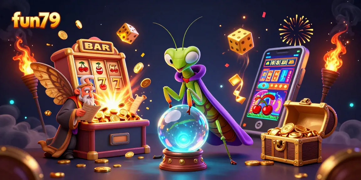 Spin the reels at fun79 with a vivid fortune teller scene, jackpot slot machine, and vibrant casino elements.