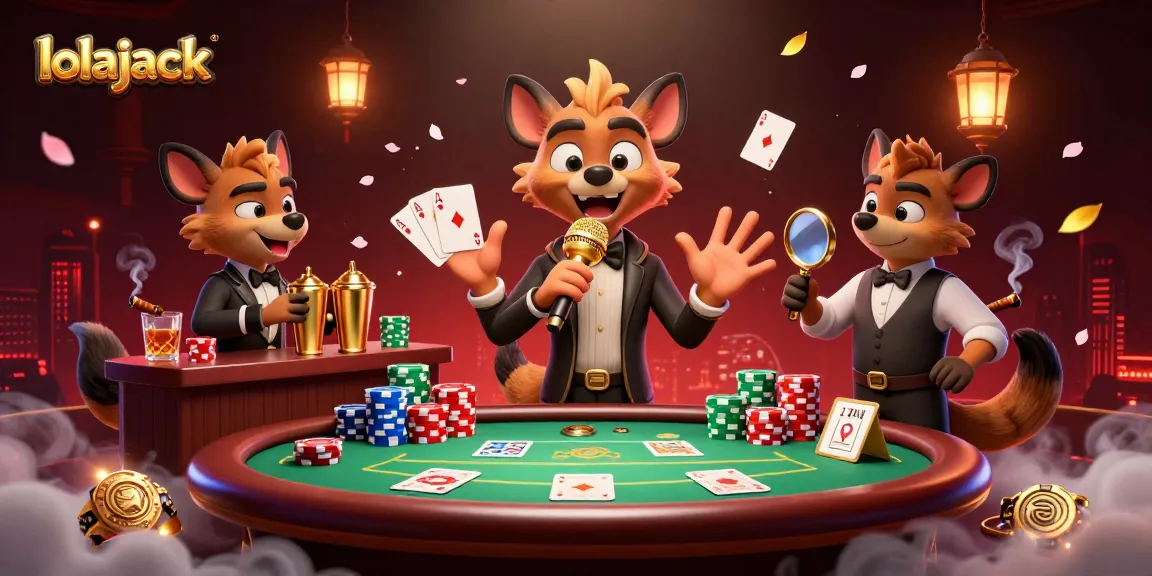 A lively scene at lolajack casino featuring hyenas in dynamic roles with colorful poker elements.