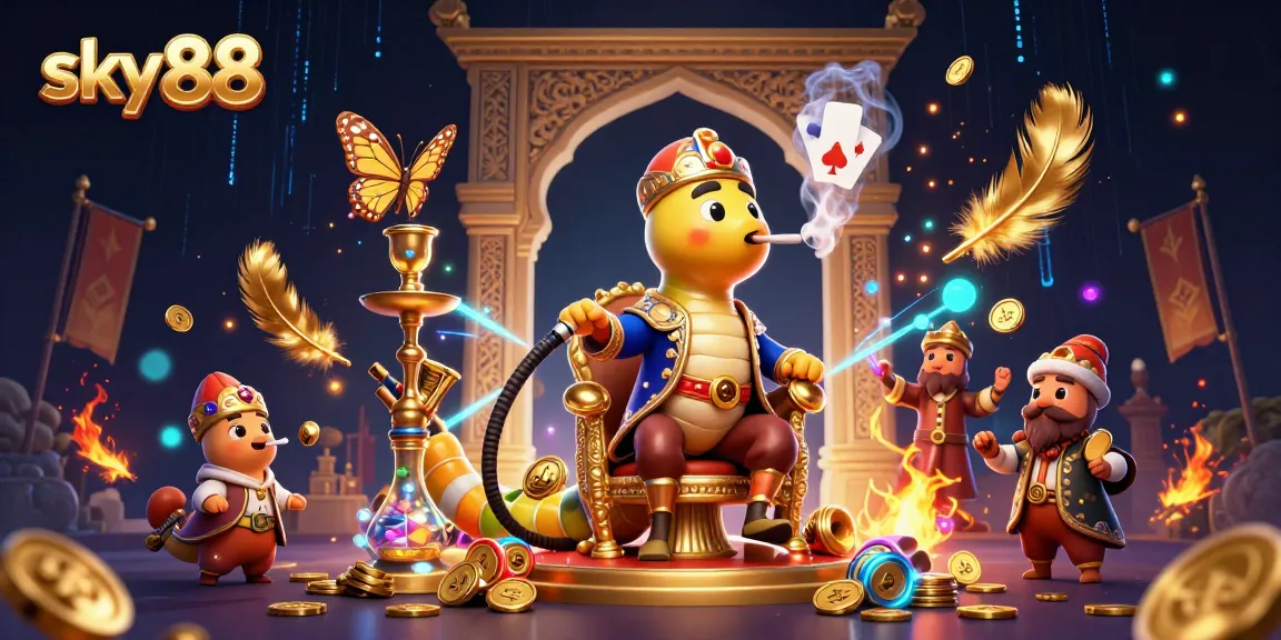 Engage with sky88's thrilling 3D casino action, where a caterpillar hookah-master and vibrant game elements bring excitement.