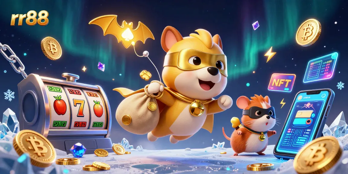 Play exciting games at rr88 with a lively illustration of a superhero dog and hamster amidst golden coins and slot machines.
