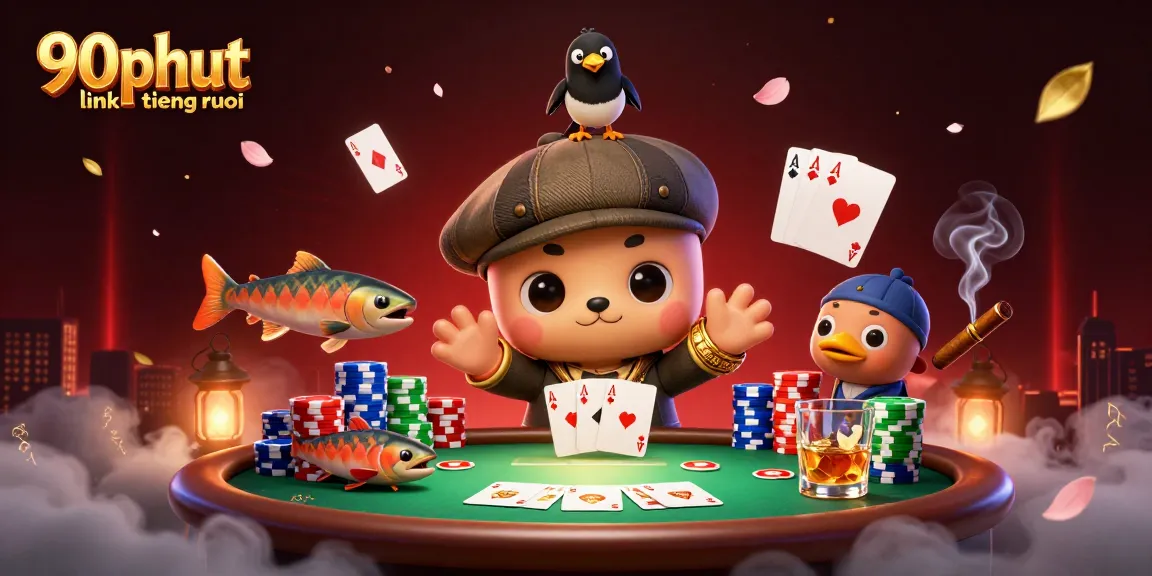 Enjoy seamless gameplay with 90phut link tiengruoi, showcasing a lively poker scene featuring cute cartoon characters.