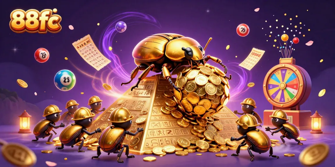 88fc showcases a golden beetle rolling coins beneath creative casino symbols, embodying vibrant lottery excitement.