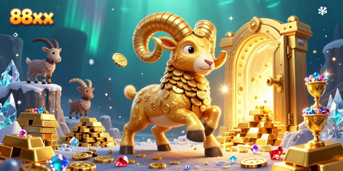 Experience the thrill of 88xx casino gaming with a massive golden ram charging towards treasure in a vibrant scene.