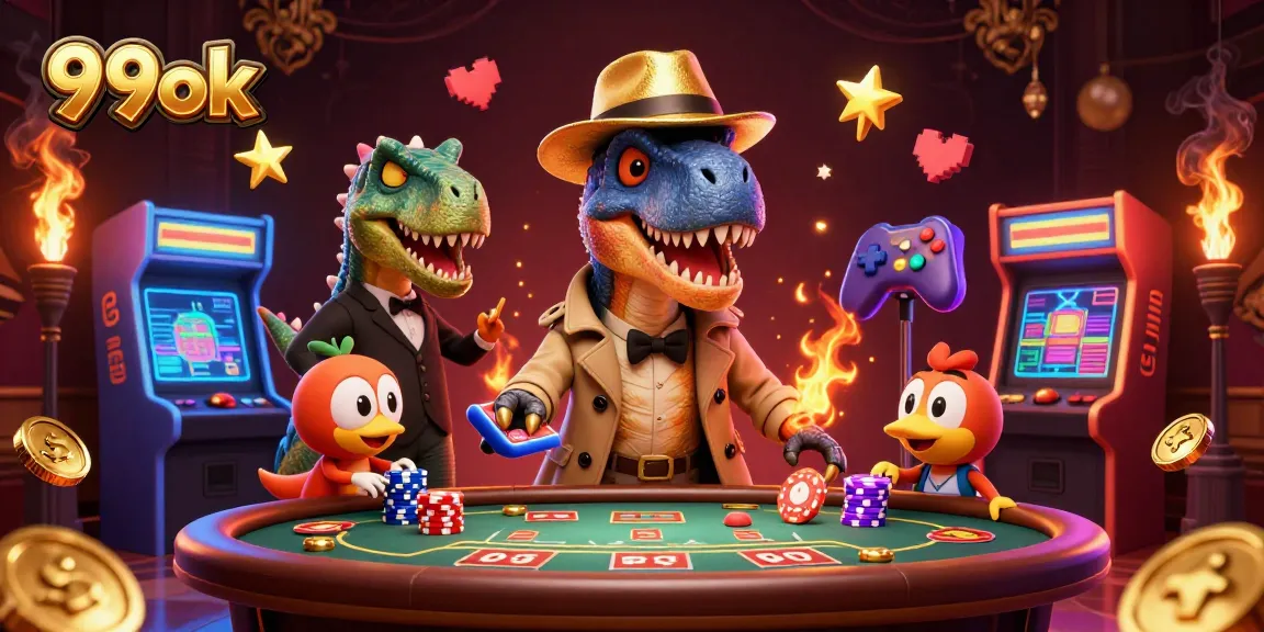 Catch the excitement with 99ok characters in action at a vibrant casino scene, complete with gaming elements.